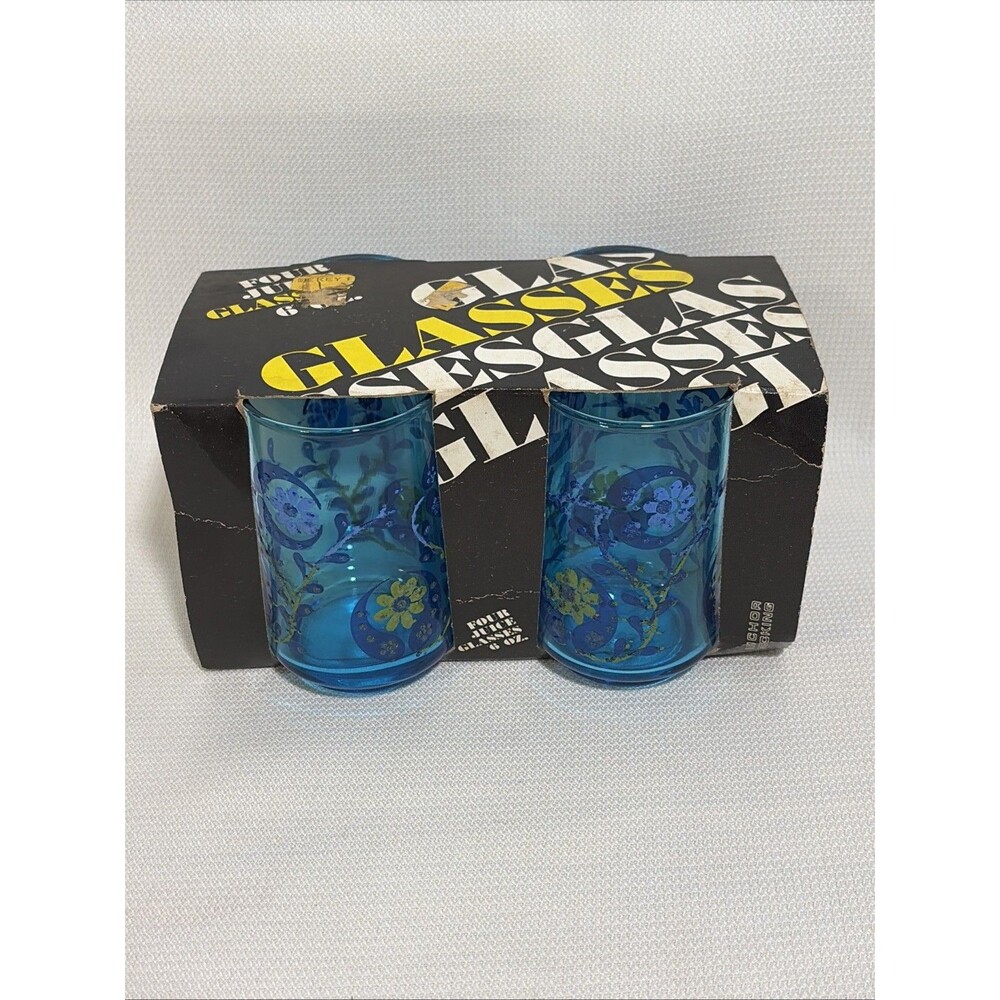 Vintage Anchor Hocking Juice Glasses 6 Oz Set of 4 Blue Daisy Original Packaging